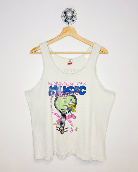 Vintage 1990 Edmonton Folk Festival Distressed White Tank Top