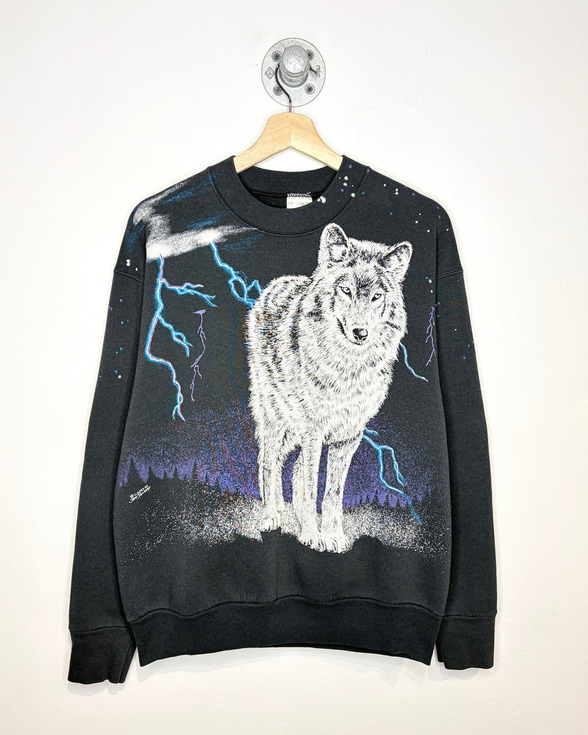Vintage 1993 Canadian-Made Wolf Lightning All Over Print Black Crewneck Sweatshirt