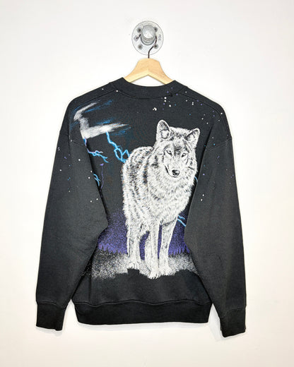Vintage 1993 Canadian-Made Wolf Lightning All Over Print Black Crewneck Sweatshirt