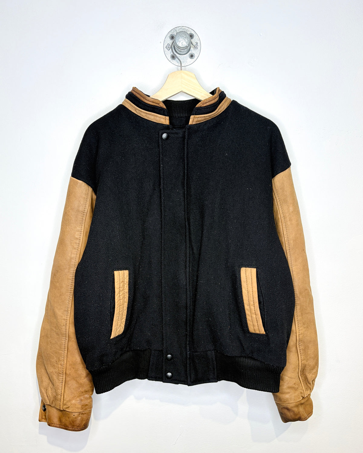 Vintage 90s Boxy Canada Sportswear Black Wool & Leather Varsity Jacket