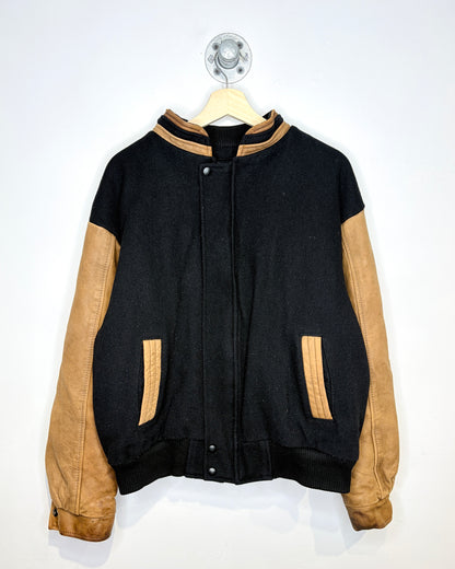 Vintage 90s Boxy Canada Sportswear Black Wool & Leather Varsity Jacket