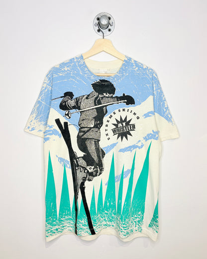 Vintage 90s Extreme Skiing At Whistler All Over Print White Tee Shirt