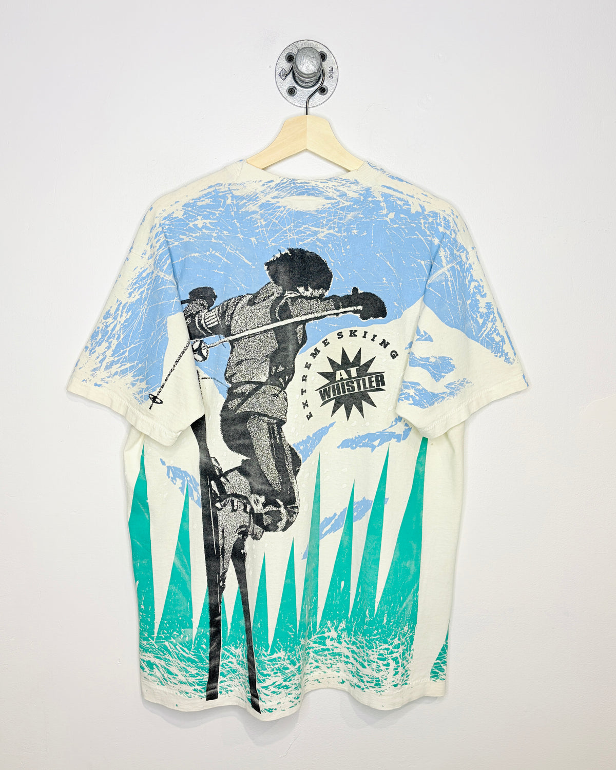 Vintage 90s Extreme Skiing At Whistler All Over Print White Tee Shirt