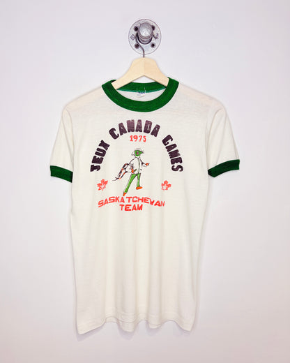 Vintage 1975 Jeux Canada Games Saskatchewan White & Green Ringer Tee Shirt